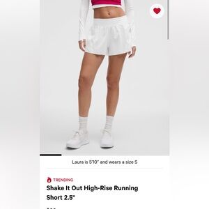 Lululemon Shake it Out High Rise Running Short 2.5” White Size Small
